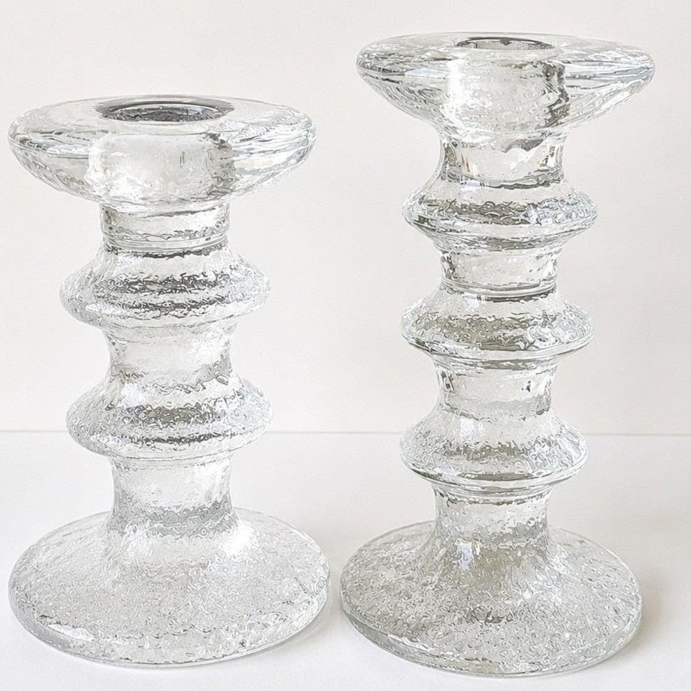 Scandinavian Ice Glass Candle Holders Pair Heavy Textured Block Glass MCM